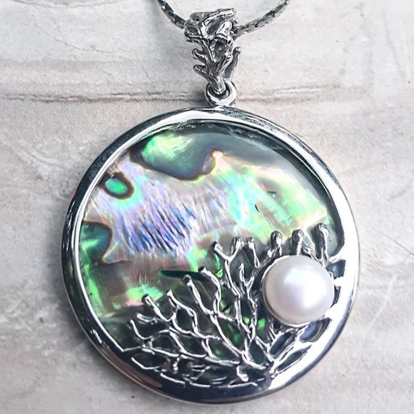 Jewelry - Abalone and Pearl Coral Design Pendant Necklace - Mother of Pearl